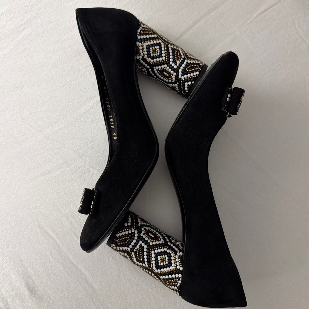 Salvatore Ferragamo Womens Black Suede Beaded Block Heel Vara Bow Pumps 10 B - Picture 3 of 14